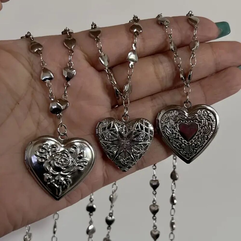 3x Set of Vintage Style Heart Locket Necklace Silver Tone Retro Pendant Necklace